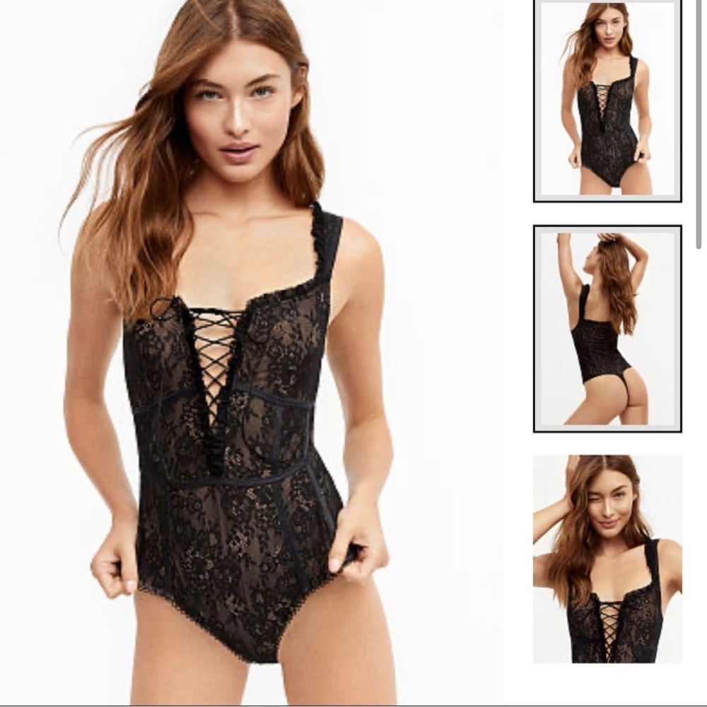 For Love & Lemons Fontaine Lace up Bodysuit black thong bustier